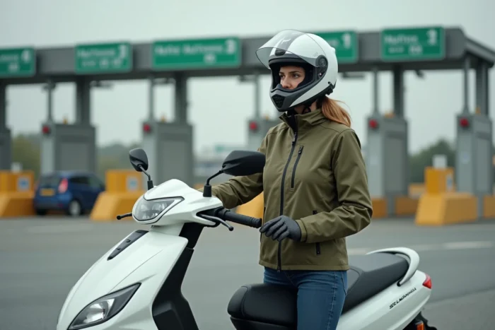 Femme motarde en pause à un péage autoroutier avec un scooter 125cc blanc, équipée d'un casque modulable et d'une veste de moto imperméable