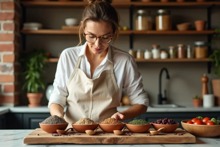 Femme arrangeant des superaliments et graines dans une cuisine rustique avec des bols en terre cuite sur un plan de travail en marbre