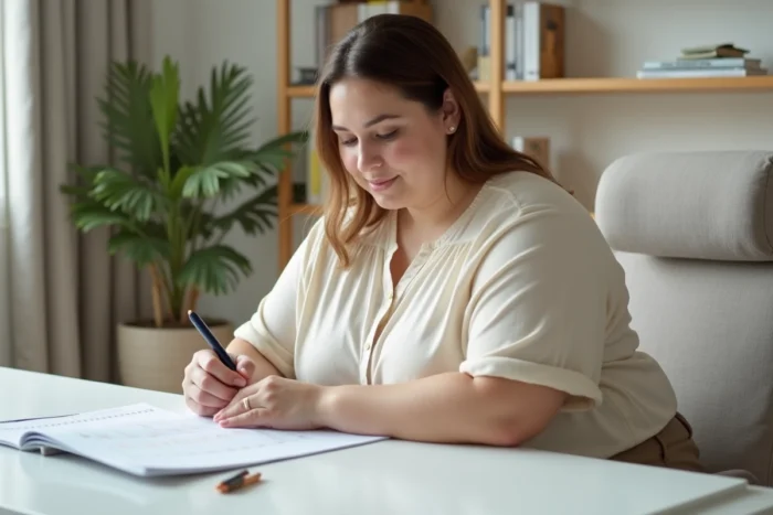 Femme consultant un tableau d'équivalences de tailles XXL assise à un bureau, guide des mesures pour grandes tailles