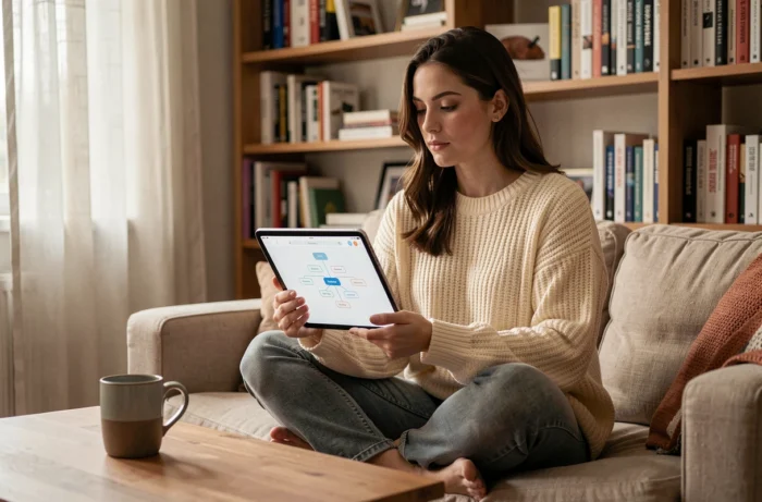 Jeune femme consultant un plan de site numérique sur tablette dans un bureau à domicile chaleureux