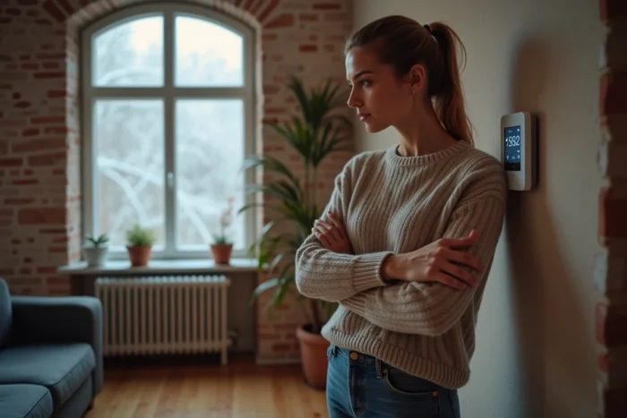 Femme réglant un thermostat numérique dans un intérieur bruxellois en hiver pour optimiser le chauffage central