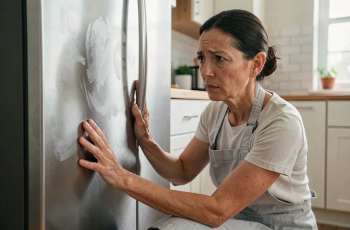 Femme vérifiant la chaleur des parois extérieures d'un réfrigérateur dans une cuisine moderne