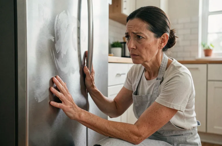 Femme vérifiant la chaleur des parois extérieures d'un réfrigérateur dans une cuisine moderne