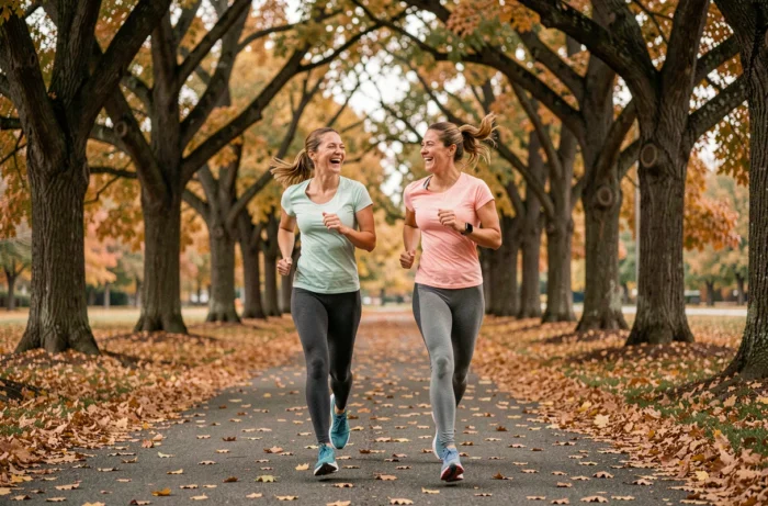 Deux femmes qui font du jogging dans un parc en automne, illustrant l'exercice physique régulier pour une bonne santé