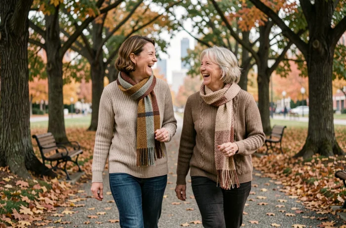 Deux femmes marchant et riant ensemble dans un parc aux couleurs d'automne, illustrant les bienfaits des relations sociales et de l'activité physique pour la santé et le bien-être au quotidien