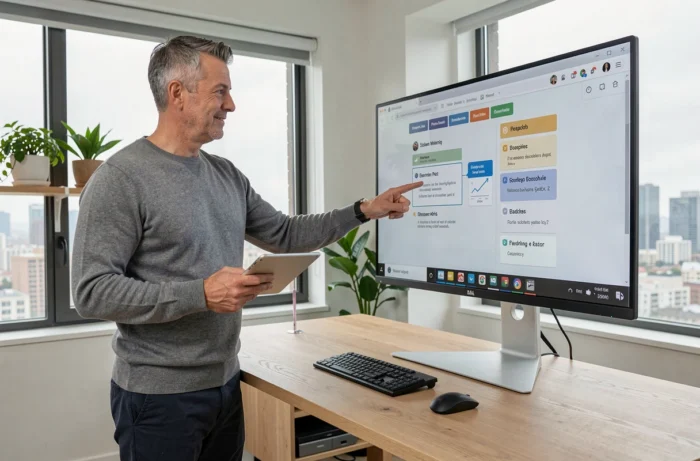 Formateur masculin expliquant un programme e-learning personnalisé depuis un bureau à domicile