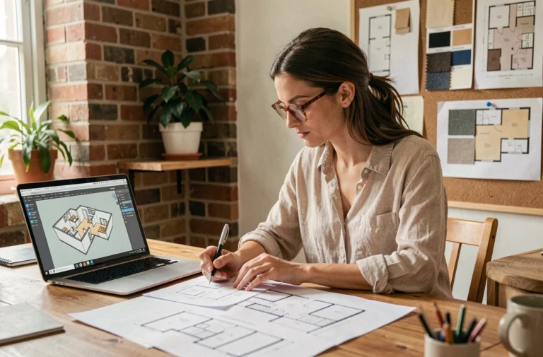 Femme étudiant l'architecture d'intérieur à distance depuis son bureau à domicile avec des plans et un logiciel 3D