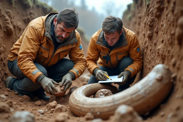Paléontologues fouillant des ossements de mammouth fossilisés sur un site archéologique, illustrant les recherches scientifiques sur la disparition des mammouths