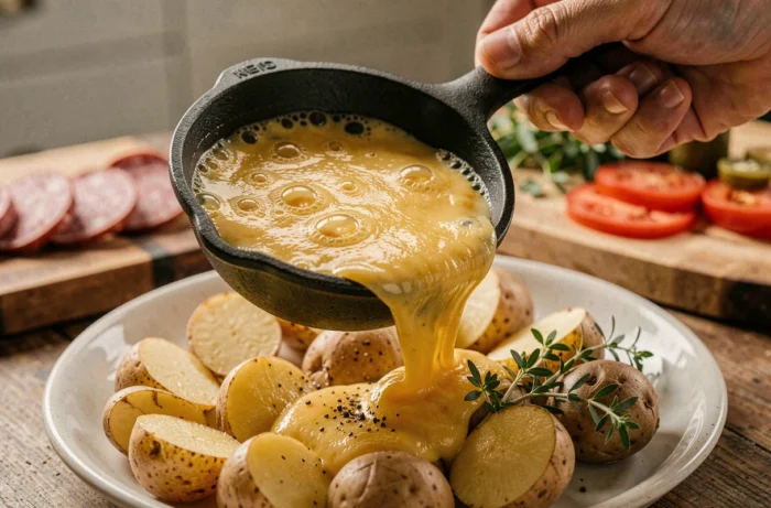 Gros plan sur du fromage à raclette fondu versé sur des pommes de terre vapeur