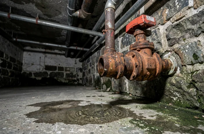 Fuite d'eau sur une canalisation de chauffage rouillée dans une cave d'immeuble à Bruxelles