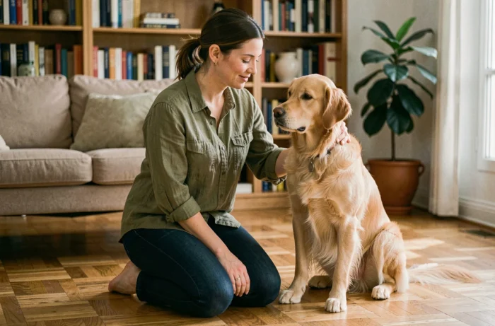 Garde de chien à domicile : une pet-sitter professionnelle câline un golden retriever dans un salon chaleureux