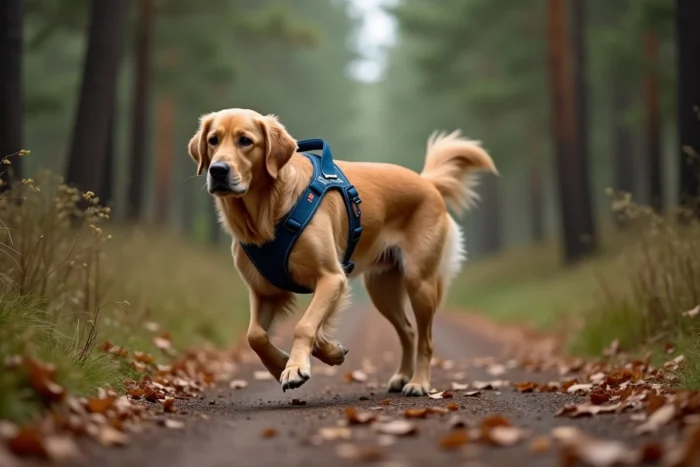 Golden Retriever en mouvement sur un sentier forestier avec un harnais bleu ergonomique, vue latérale en pleine nature