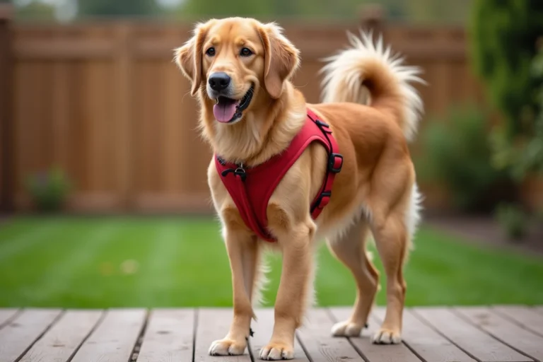 Golden Retriever portant un harnais rouge bien ajusté dans un jardin, vue en 3/4 montrant les sangles et le maintien du harnais