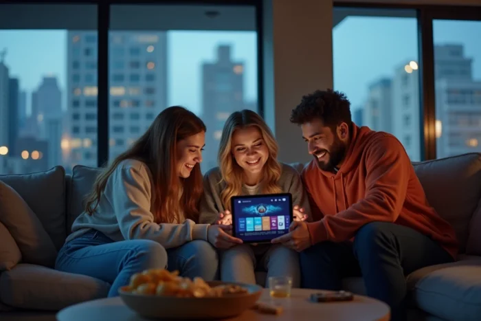 Groupe d'amis découvrant ensemble la plateforme CoFlix sur une tablette dans un appartement moderne