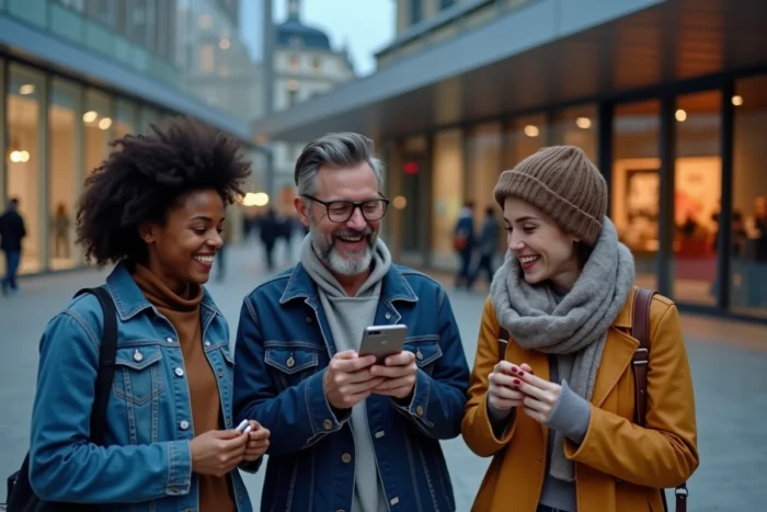 Groupe d'amis souriants devant un centre culturel français consultant leur téléphone avant une sortie en soirée