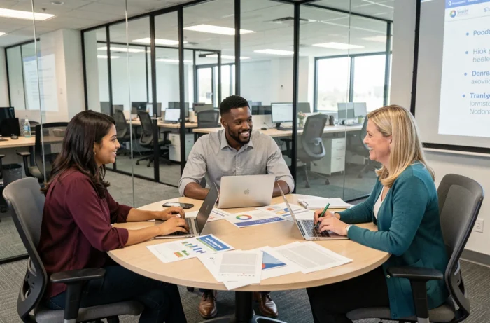 Groupe de professionnels adultes collaborant lors d'une session de formation sur mesure en salle de réunion