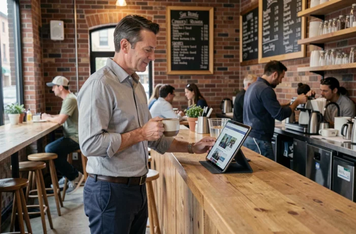 Homme lisant les rubriques d'actualités en ligne sur une tablette dans un café urbain