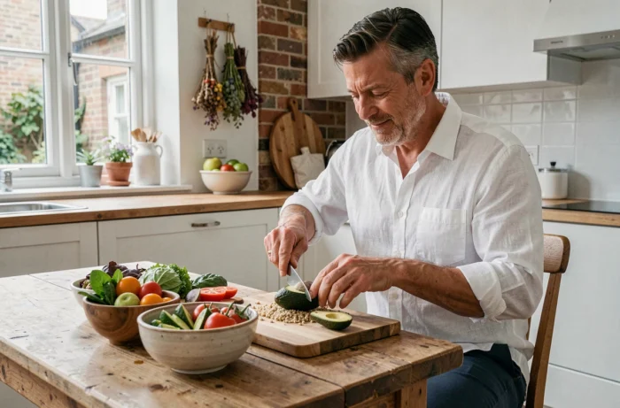 Homme d'âge mûr préparant un repas sain à base de légumes frais dans une cuisine moderne, symbolisant l'importance d'une alimentation équilibrée pour préserver sa santé au quotidien