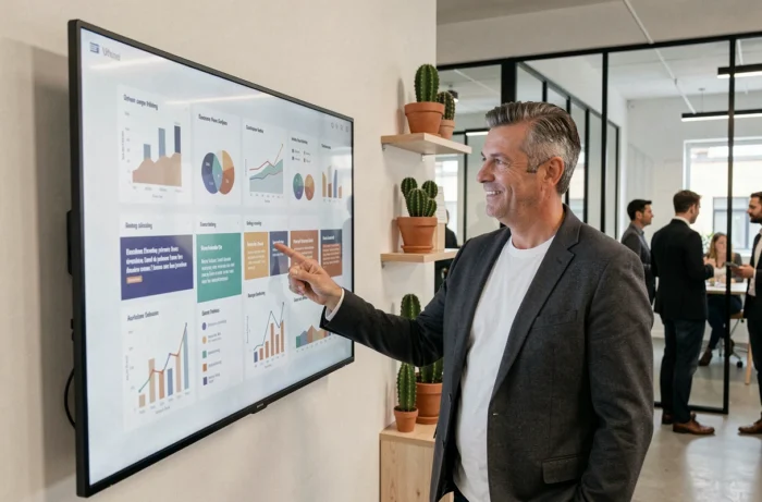 Homme d'affaires présentant des analyses d'annonces numériques sur un écran interactif dans un espace de coworking