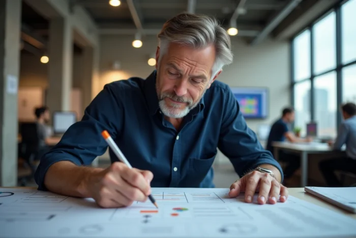 Homme analysant un schéma de sitemap imprimé sur un bureau dans un open space moderne