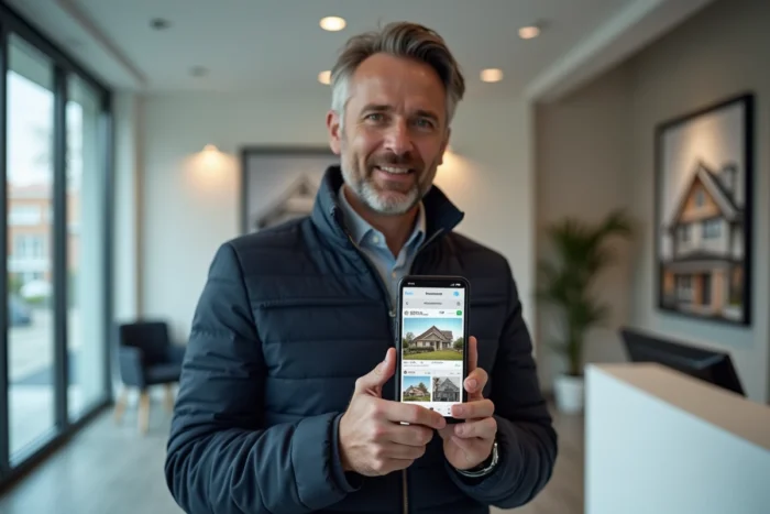 Homme consultant une application immobilière sur smartphone dans une agence moderne