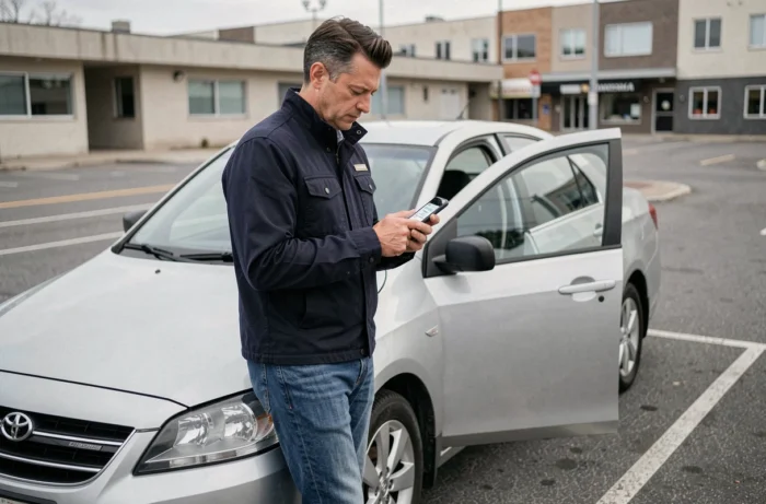 Homme consultant une application de comparaison d'assurance auto sur smartphone devant sa voiture en ville