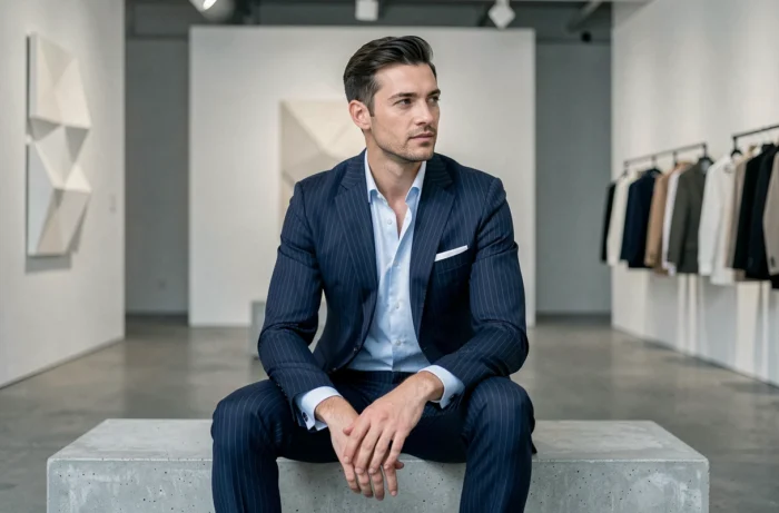 Homme en costume rayé bleu marine assis dans un showroom de mode minimaliste moderne avec des installations artistiques géométriques