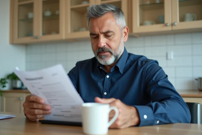 Homme consultant ses documents locatifs sur une tablette dans une cuisine moderne