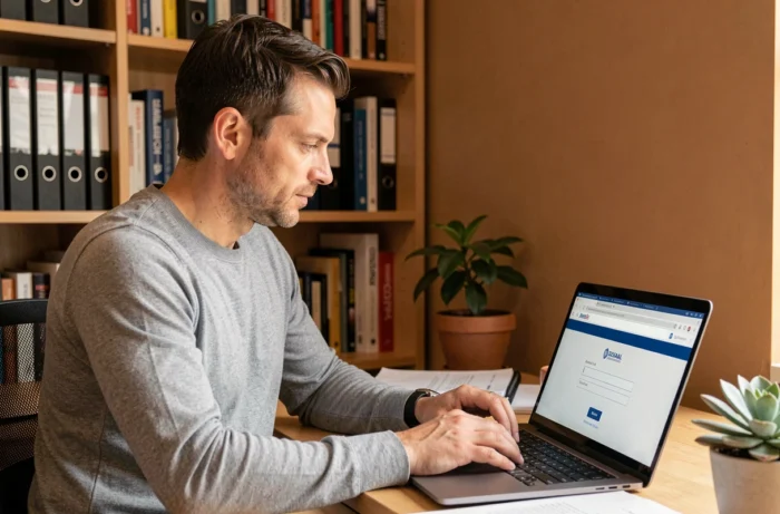 Homme se connectant à son compte webmail Zimbra depuis son bureau à domicile sur un ordinateur portable