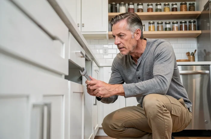 Homme effectuant l'entretien d'un meuble de cuisine avec un outil à main