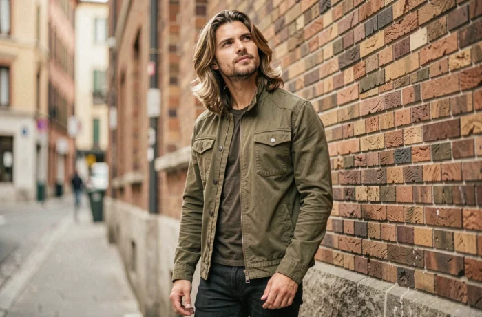 Homme aux extensions de cheveux intégrées posant devant un mur de briques en milieu urbain