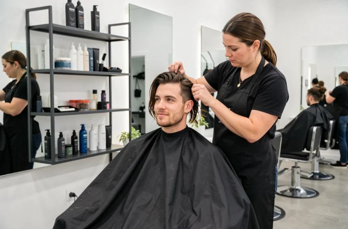 Homme en salon de coiffure se faisant poser des extensions de cheveux clip-in par un coiffeur professionnel