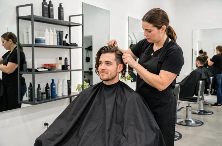 Homme en salon de coiffure se faisant poser des extensions de cheveux clip-in par un coiffeur professionnel