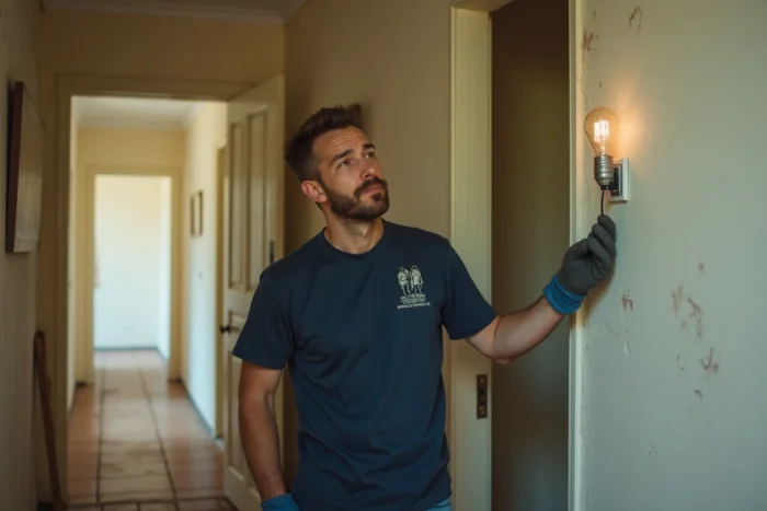 Homme inspectant une douille vide dans le couloir d'un appartement lors d'un déménagement