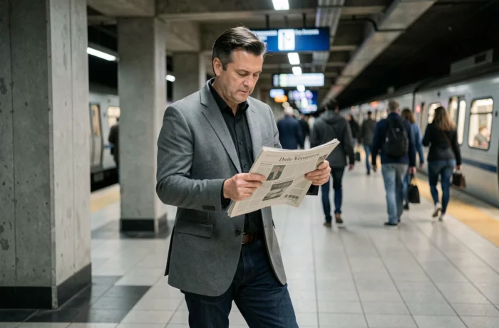 Homme lisant un journal sur un quai de métro urbain lors de son trajet quotidien