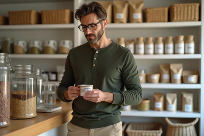 Homme lisant l'étiquette d'un bocal de graines dans une épicerie bio minimaliste avec des étagères de superaliments en arrière-plan