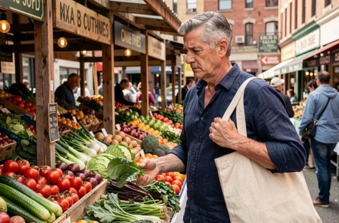 Homme choisissant des légumes frais au marché fermier, illustrant une alimentation saine et équilibrée pour la santé