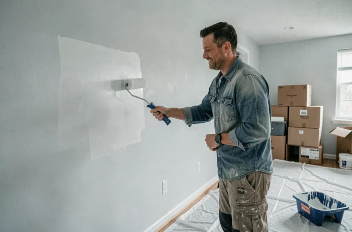 Homme en train de peindre un mur intérieur lors de la rénovation d'une maison
