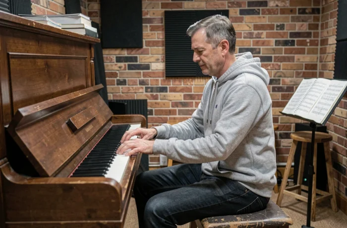 Homme jouant du piano dans un studio d'enregistrement acoustique, symbolisant l'impact de la pratique musicale sur le bien-être et la santé