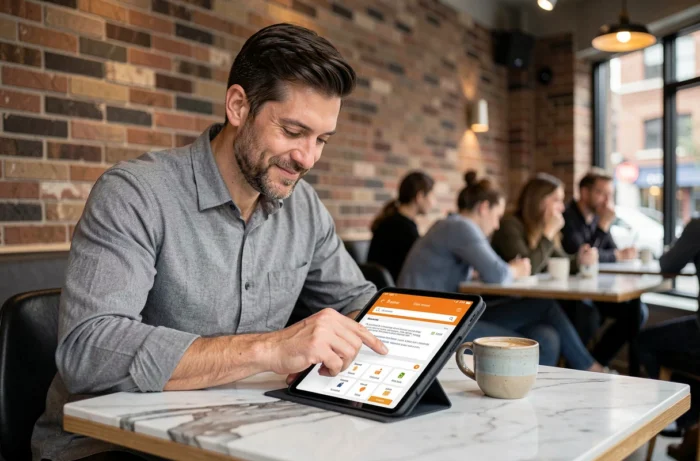 Homme consultant le portail Orange Mail sur une tablette dans un café moderne