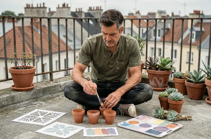 Homme peignant des pots en terre cuite sur un balcon urbain, projet DIY créatif pour embellir son espace extérieur avec des plantes succulentes