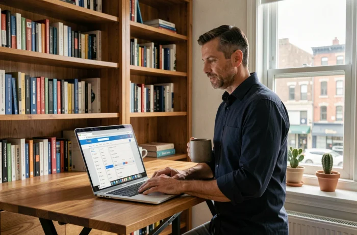 Entrepreneur masculin effectuant une recherche de mots-clés SEO dans un bureau à domicile chaleureux