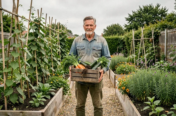 Homme tenant un panier en bois rempli de légumes fraîchement récoltés dans un jardin potager luxuriant