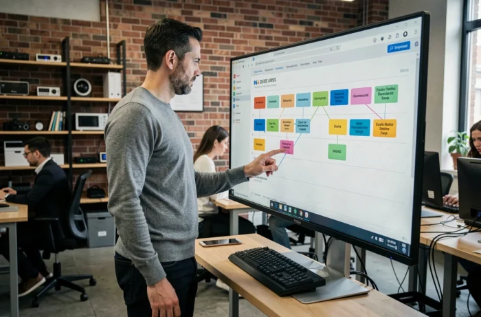 Homme analysant la feuille de route d'évolution d'une plateforme technologique sur un grand écran tactile dans un espace de coworking