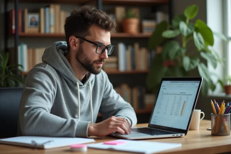 Homme en sweat gris travaillant sur son side business depuis un bureau à domicile avec un ordinateur portable et des notes