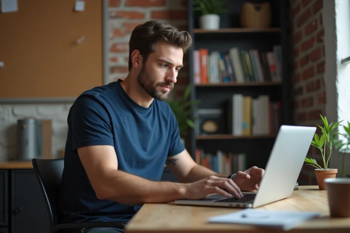 Homme regardant du contenu en streaming gratuit sur son ordinateur portable dans un bureau à domicile
