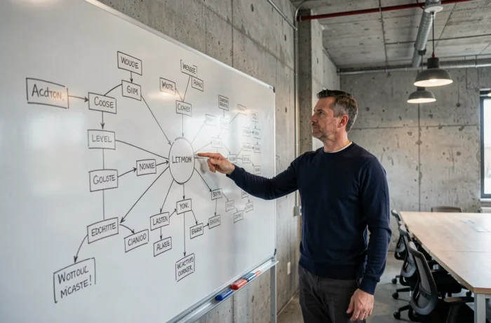 Homme présentant un plan de site dessiné à la main sur un grand tableau blanc dans un studio collaboratif