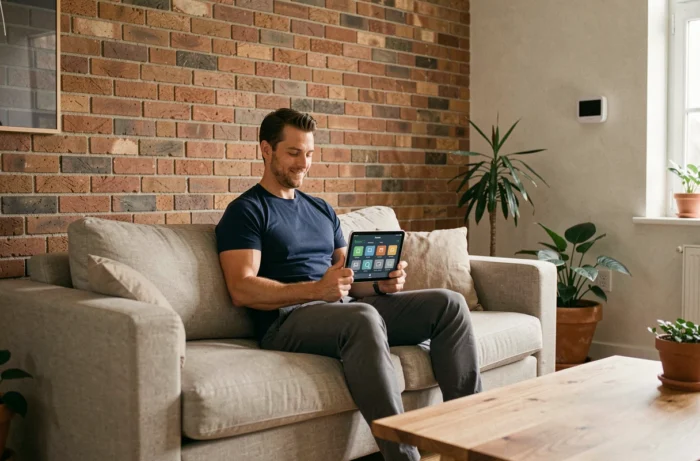 Homme contrôlant son habitat intelligent depuis une tablette dans un salon contemporain