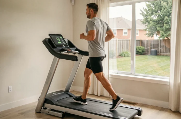 Homme utilisant le tapis de course Sportstech F37s Pro dans une salle de sport à domicile