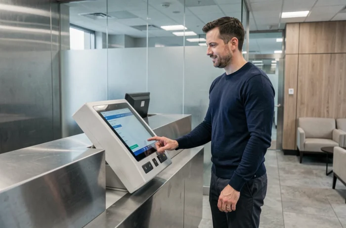 Homme utilisant un terminal bancaire libre-service dans une agence moderne et innovante